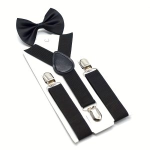 2-Piece Set of Adjustable Bow Tie and Suspender Set for Boys - Easy Snap Closure, Woven Fabric, Versatile All-Season Accessory for Formal and Casual Occasions