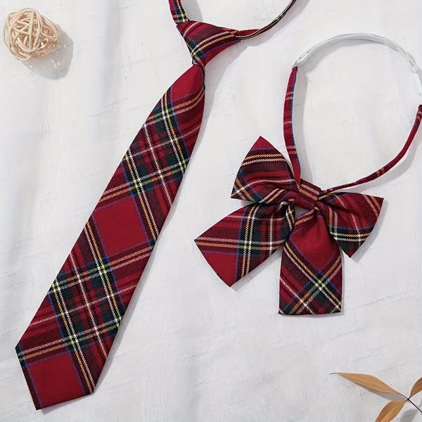 2PCS Polyester Plaid Bow Tie and Necktie Set - Preppy Knit Fabric, Striped Pattern, Cosplay Uniform Accessories for Teens and Adults Over 15 Years