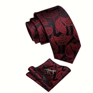 3-Piece Mens Silk Tie Set - Luxurious Classic Floral Paisley Necktie With Matching Hanky And Elegant Cufflinks - Perfect For Formal Business Events And Weddings