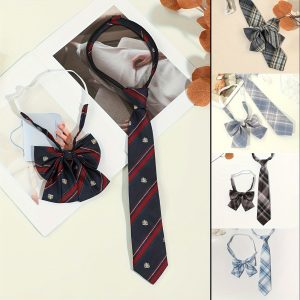 2pcs Fset Oblique Striped Bowtie Tie, 1pc Adjustable JK Shirt Bowtie, 1pc Pre Tied Suit Matching Necktie For Women