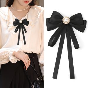 Elegant Monochrome Bowtie Brooch - Imitation Pearl Decorative Accent - Perfect for Casual Shirts, Women's Fashion Accessory - Easy to Wear, Versatile and Stylish