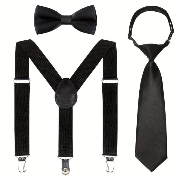 One Set Of Children's Black Strap Clip + Black Children's Bow Tie And Tie