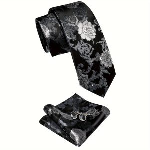 Fashion Black Men's Tie Sliver Jacquard Floral Pattern Pocket Square Cufflinks Classic Business Party Dinner Wedding Te for Man Birthday Gift