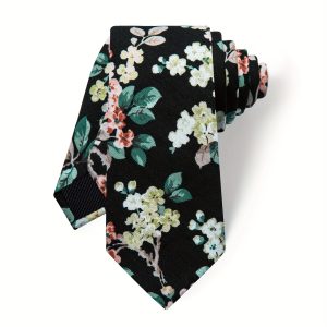 Classic Slim Men's Black Cotton Floral Necktie with Pocket Square Fashion Korean Style Tie for Man Birthday Gift Business Wedding Party