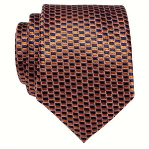 8 CM Classic Brown Tie with Unique Blue Orange Plaid Pattern - Elevate Your Style for Business, Party, Groom, Wedding - Perfect for Men with Sophisticated Taste