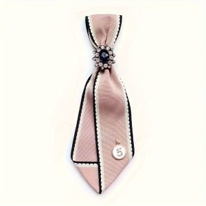 Elegant Ribbon Bow Ties With Rhinestone Decoration, Circular Badge, Basic JK Shirt Accessory For Women